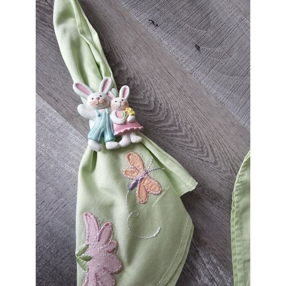 Vtg EASTER Spring Cloth Napkins & Rings Bunny Flower Set Of 3 Square 20" 1990s - Picture 5 of 15